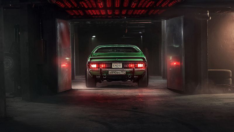 car, garage, tuning, green, rear view, 4k
