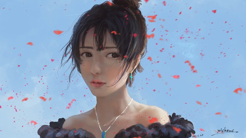 necklace, petals, anime girls, sky painting, Chinese, bare shoulders