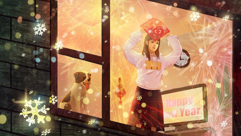 indoors, anime, anime girls, dog, window, Christmas