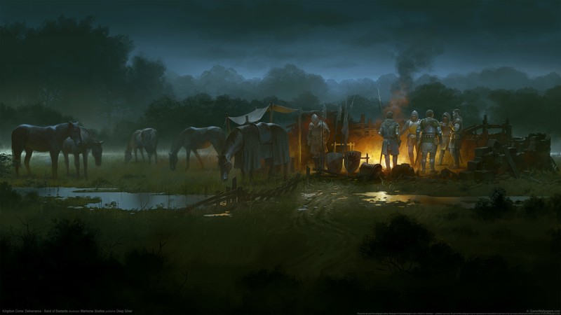 medieval, fantasy art, outdoors, men outdoors, horse, campfire