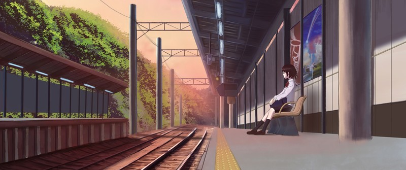 anime, anime girls, train station
