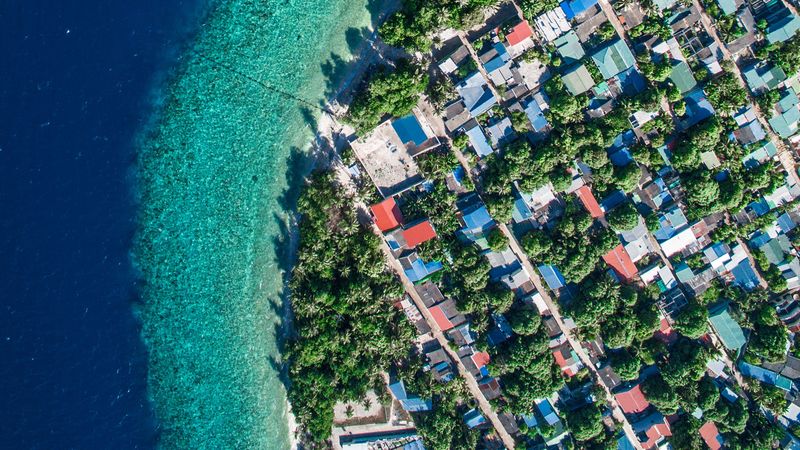 buildings, roofs, island, aerial view, coast, 4k