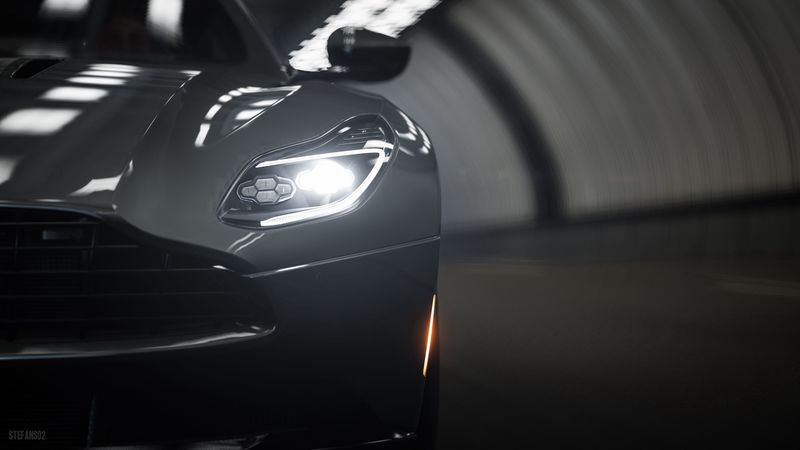 aston martin db11, aston martin, sportscar, gray, headlight, front view, close-up, 4k