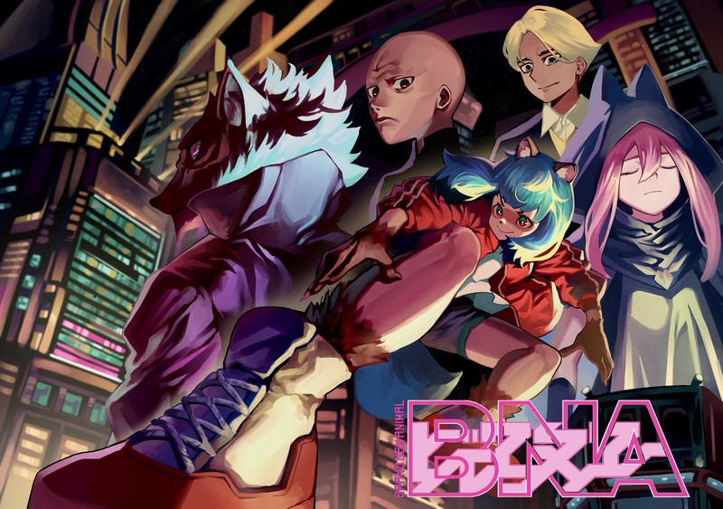 BNA, anime girls, anime boys, monster girl, tanuki, short hair, long hair, blond hair, pink hair, blue hair, silver hair, shaved head, small boobs, low-angle, dark skin, thighs, short shorts, fox girl, animal ears, pyjamas, closed eyes, red jackets, smiling, Michiru Kagemori, Shirou Ogami, wolfman, Nazuna Hiwatashi, city, aqua eyes, 2D, spotlights, fan art, Brand New Animal