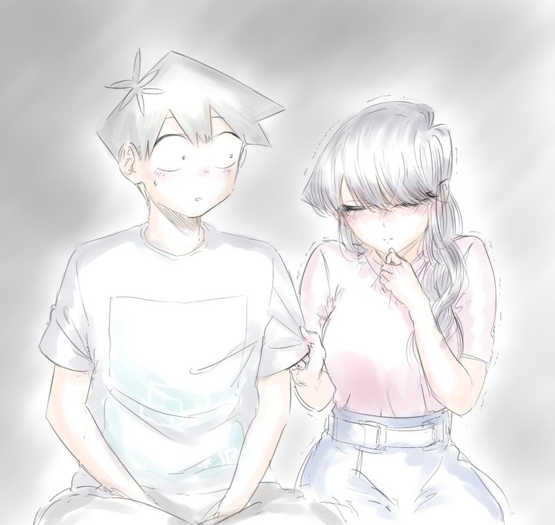 Komi-san wa, Comyushou desu., anime girls, anime boys, long hair, short hair, black hair, small boobs, closed eyes, blushing, embarrassed, manga sketch, couple, Komi Shouko, Hitohito Tadano, black eyes, 2D, mitsugu, fan art