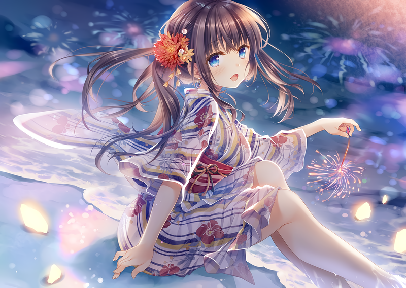 aqua eyes, beach, blush, brunette, Japanese clothes, long hair, ponytail