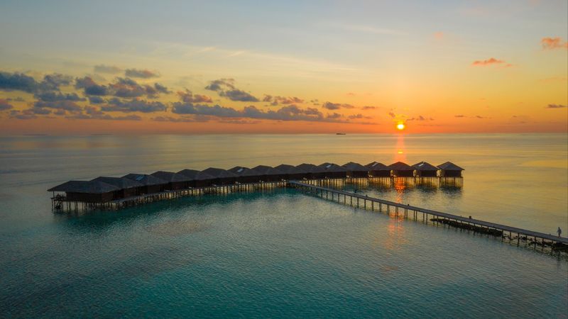 sunset, ocean, bungalow, sun, pier, beach vacation, 4k