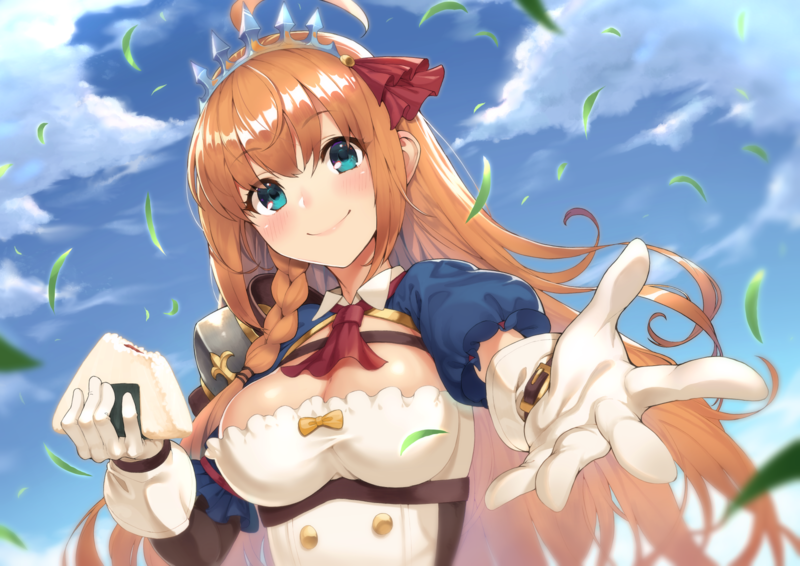 Princess Connect, aqua eyes, blush, braids, sky, readhead, food, clouds, gloves, cleavage