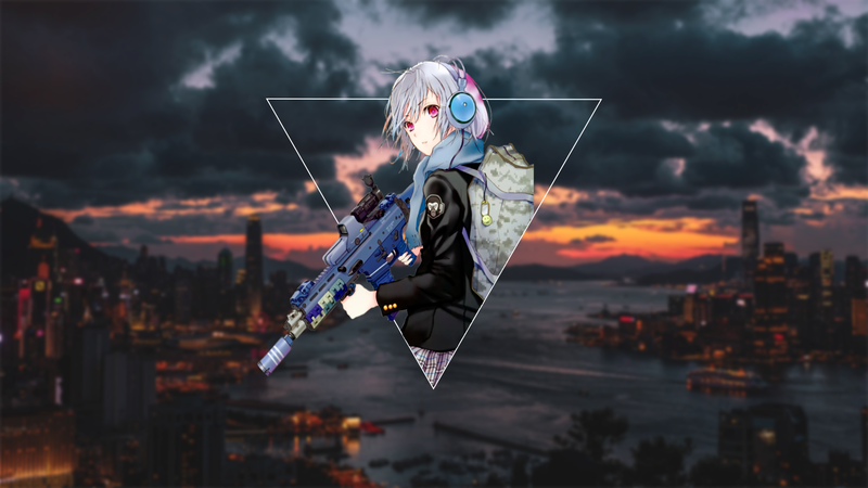 anime, anime girls, weapon, triangle, headphones, red eyes