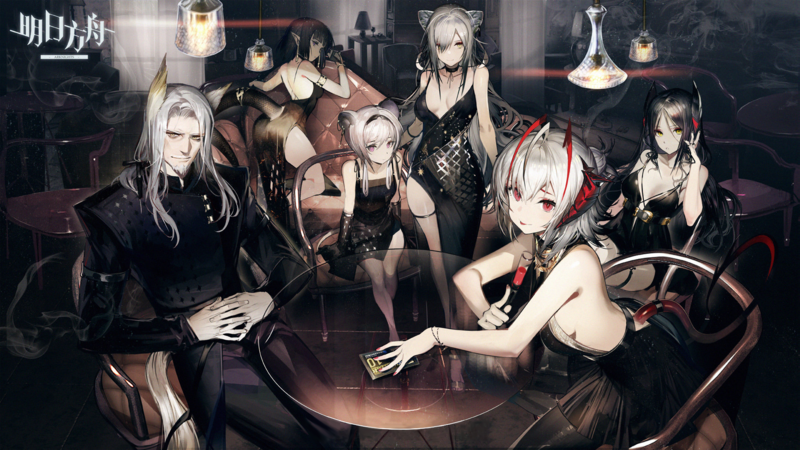 Arknights, Hellagur (Arknights), Ines (Arknights), Schwarz(Arknights), W(Arknights), anime girls, smoke, horns, table, anime