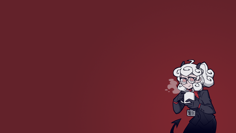 Helltaker, demon girl, demon girls, simple background, tail, demon horns, blond hair, glasses, business suit, red eyes, gloves, drink, anime, anime girls