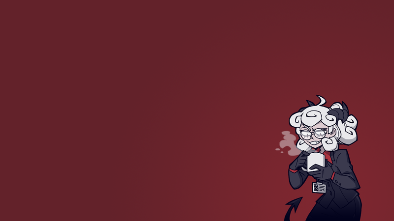 Helltaker, demon girl, demon girls, simple background, tail, demon horns, blond hair, glasses, business suit, red eyes, gloves, drink, anime, anime girls
