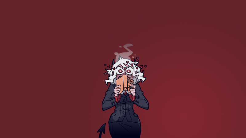 Helltaker, demon girl, demon girls, simple background, tail, demon horns, blond hair, business suit, red eyes, anime, anime girls, heart eyes, blushing