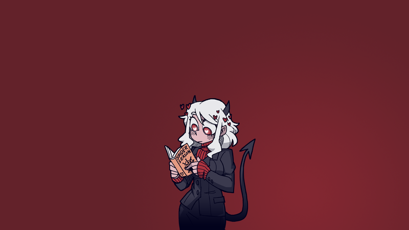 Helltaker, demon girl, demon girls, simple background, tail, demon horns, blond hair, business suit, red eyes, anime, anime girls, heart eyes, blushing