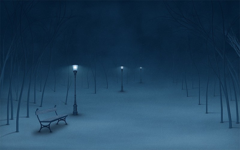 snow, road, dark, blue, lights, drawing