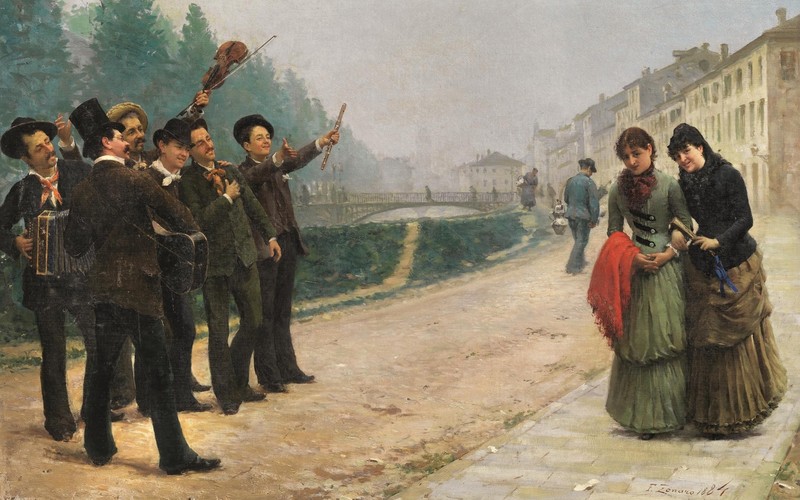 artwork, men, women, classical art, classic art, painting, 1884 (Year), Fausto Zonaro, music, musical instrument
