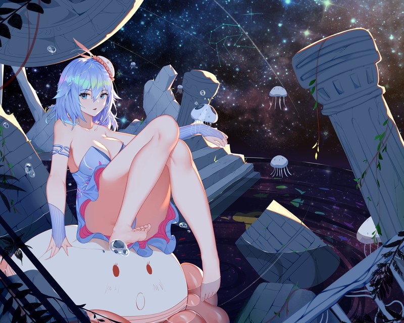 Vocaloid, aqua eyes, thighs, aqua hair, dress, barefoot, cleavage, water, haiyi, Atdan, anime