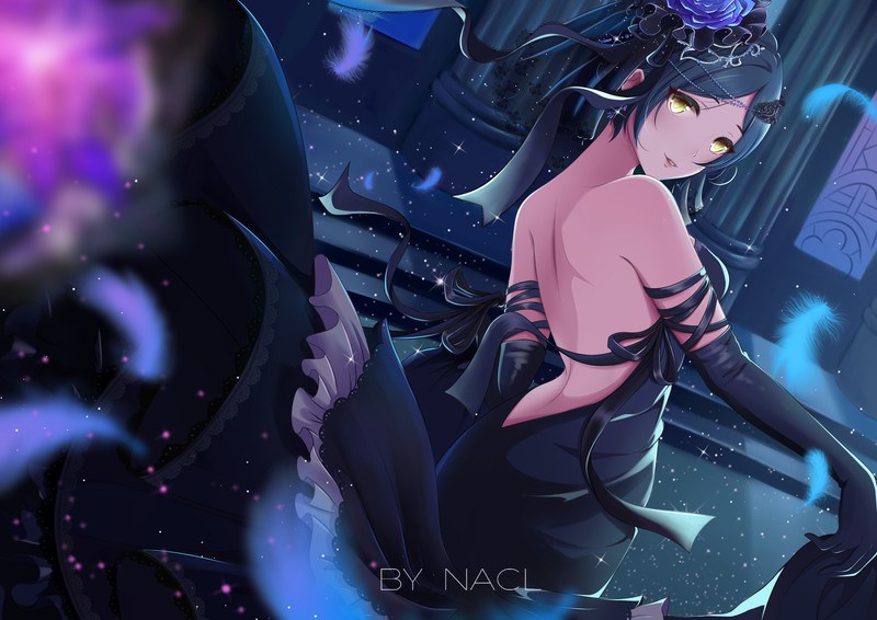 Hayami Kanade, yellow eyes, dress, blush, short hair, ribbons, no bra, night, headdress, gloves, feathers, elbow gloves, anime