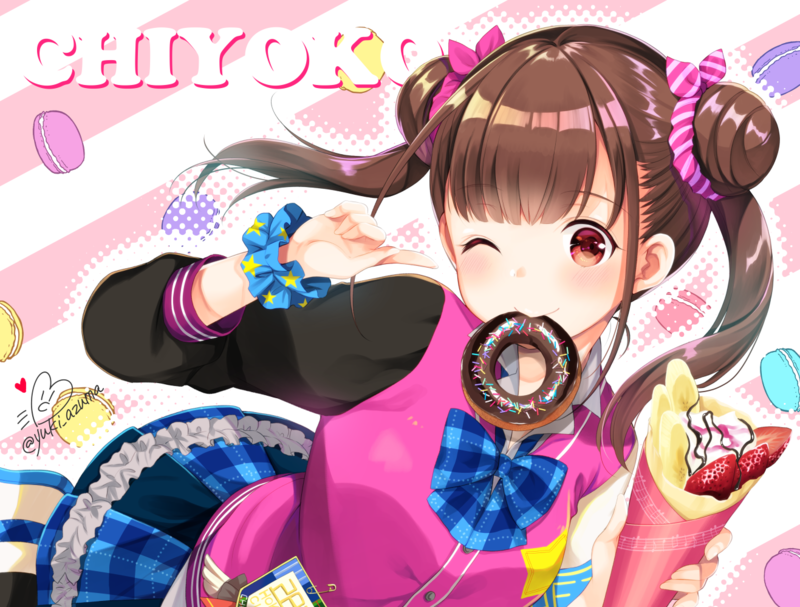 THE, brunette, twintails, candy, skirt, wink, food, red eyes, long hair, wristwear, anime