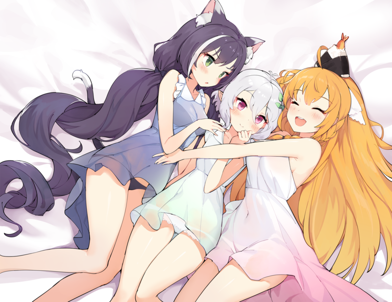 Princess Connect, karyl, Kokkoro (Princess Connect), pecorine (princess connect!), blonde, multi-colored hair, gray hair, purple eyes, green eyes, closed eyes, blush, mouth, thighs, panties, long hair, short hair, twintails, underwear, tail, cat girl, see-through clothing, pointed ears, braids, food, dress, Kyaru (Princess Connect), anime