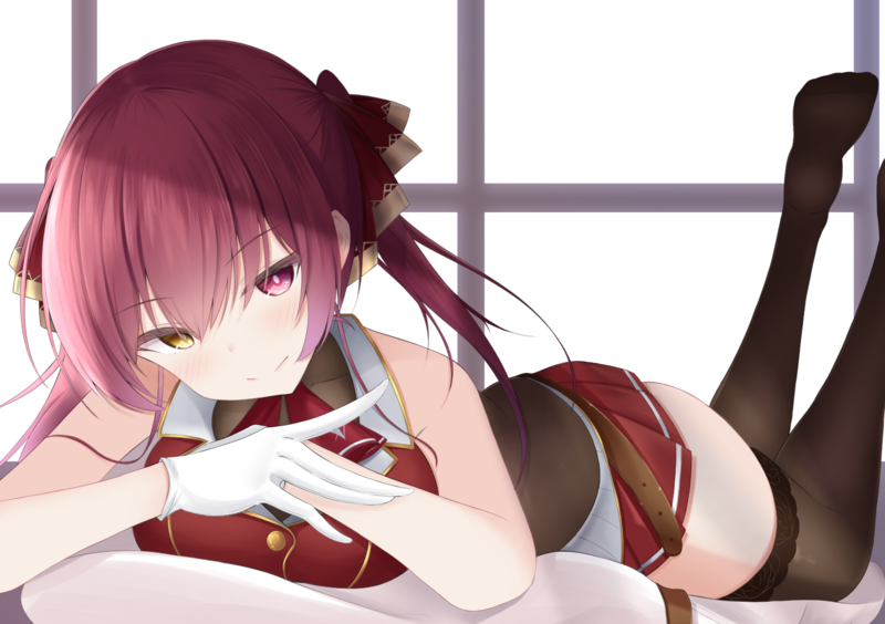 Houshou Marine, garter belt, purple hair, pantyhose, school uniform, blush, twintails, gloves, long hair, skirt, Hololive, Virtual Youtuber, anime