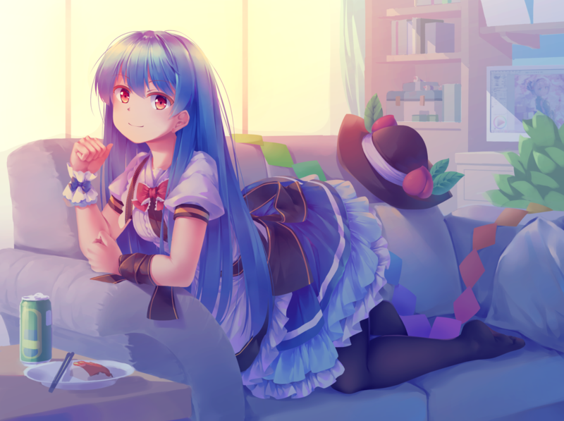 Hinanawi Tenshi, orange eyes, long hair, blue hair, hat, dress, stockings, Touhou, anime