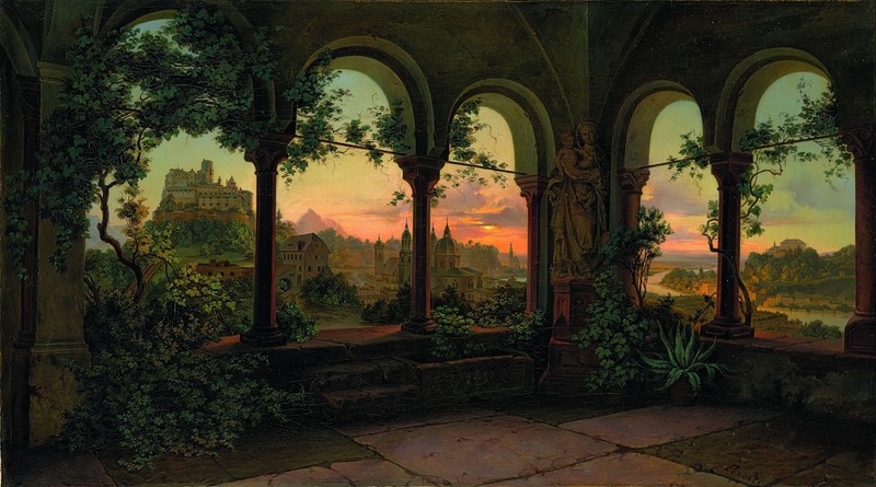 painting, plants, architecture, sunset, Georg Pezolt, castle, 1850 (year), Salzburg, Austria, balcony