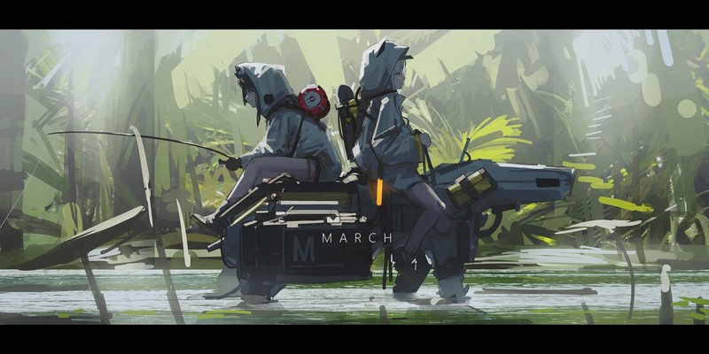 anime girls, original characters, anime, profile, side view, hoods, concept art, futuristic, science fiction, jungle, sunlight, robot, river, fishing, 2D, artwork, drawing, digital art, illustration, Pixiv, Alcxome