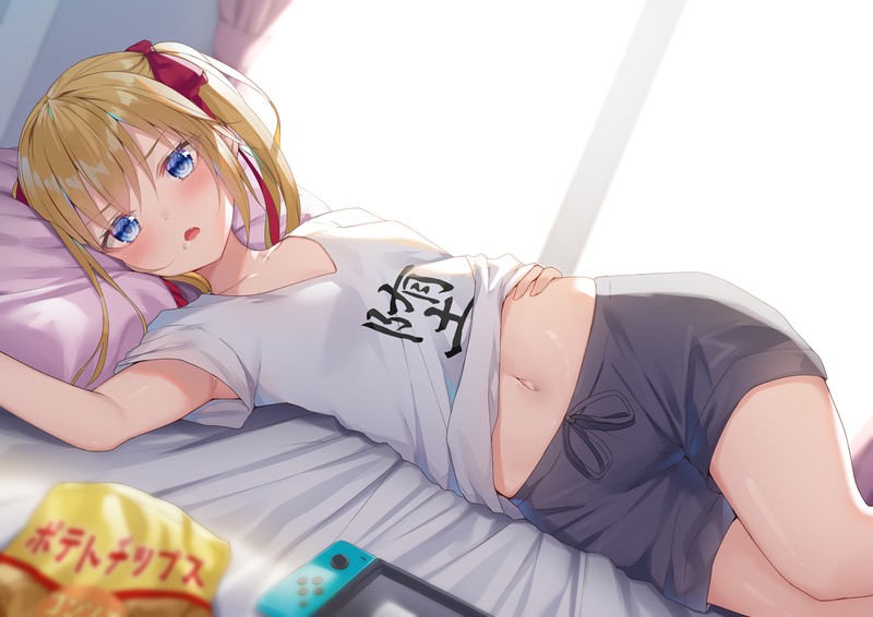 shorts, blonde, blue eyes, blush, belly, bed, thighs, twintails, anime