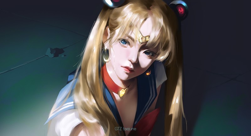 Tsukino Usagi, Sailor Moon, anime, anime girls, portrait, blonde, twintails, blue eyes, face, looking at viewer, choker, 2D, artwork, digital art, illustration, fan art, Taejune Kim