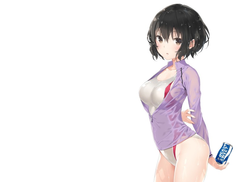 swimwear, short hair, black hair, brown eyes, blush, wet, open shirt, see-through clothing, white, thighs, anime