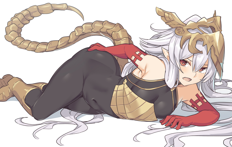 tail, red eyes, pointed ears, gray hair, long hair, artwork, anime, Granblue Fantasy