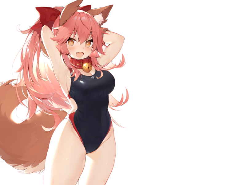 swimwear, white, pink hair, animal ears, tail, thighs, orange eyes, long hair, open mouth, Fate Series, anime