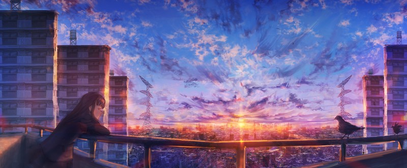 moescape, sunset, sky, anime girls, anime, birds, cityscape, city, clouds
