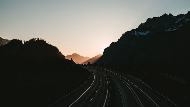 road, turn, mountains, morning, sundawn, empty, 4k