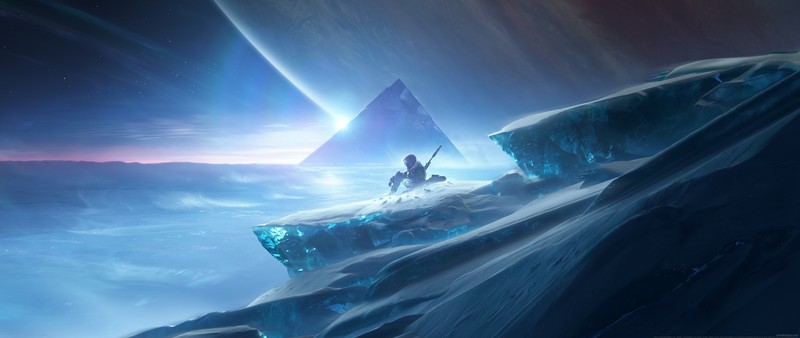 video games, video game art, digital art, pyramid, ice, space, planet, Destiny 2 (video game), watermarked, ultrawide, ultra-wide