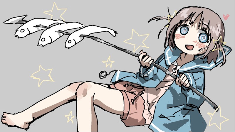 artwork, anime girls, fish, blush