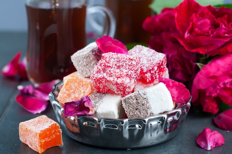 tea, flowers, food, sweets, colorful, turkish delight