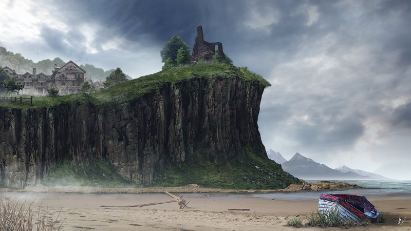 boat, vehicle, beach, cliff, artwork