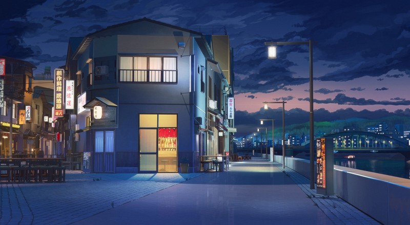 city, night, house, Japan, anime