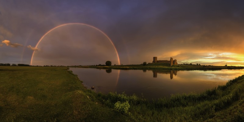Konczak Bartholomew, landscape, sunset, water, reflection, grass, wide angle, panoramas, rainbows, sky