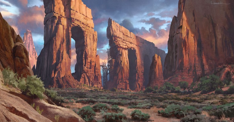 artwork, digital art, mountains, desert, ruins