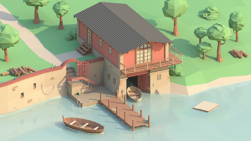 low poly, house, water, boat, digital art