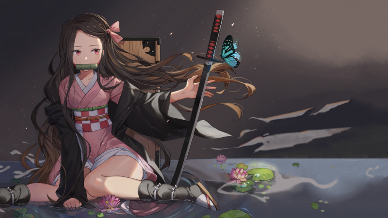Kimetsu no Yaiba, Kamado Nezuko, sword, butterflies, anime, anime girls, fantasy girl