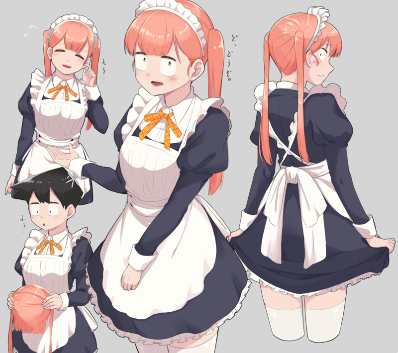 Komi-san wa, Comyushou desu., anime boys, femboy, thighs, maid outfit, wig, long hair, short hair, white stockings, small boobs, thick thigh, pink hair, black hair, twintails, closed eyes, 2D, Hitohito Tadano, open mouth, blushing, embarrassed, simple background, looking at viewer, looking away, looking back, smiling, curvy, black eyes, fan art, ecchi, anime
