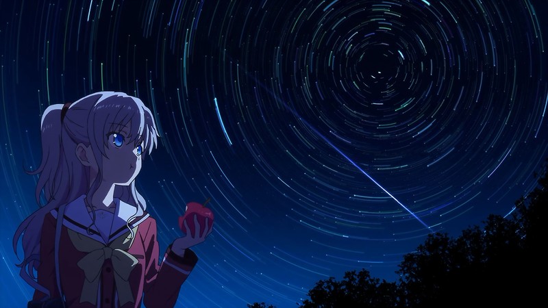 Charlotte (anime), Tomori Nao, white hair, blue eyes, anime, anime girls, long hair, ponytail, anime girls eating, night view, stars, night, Apple Fruit