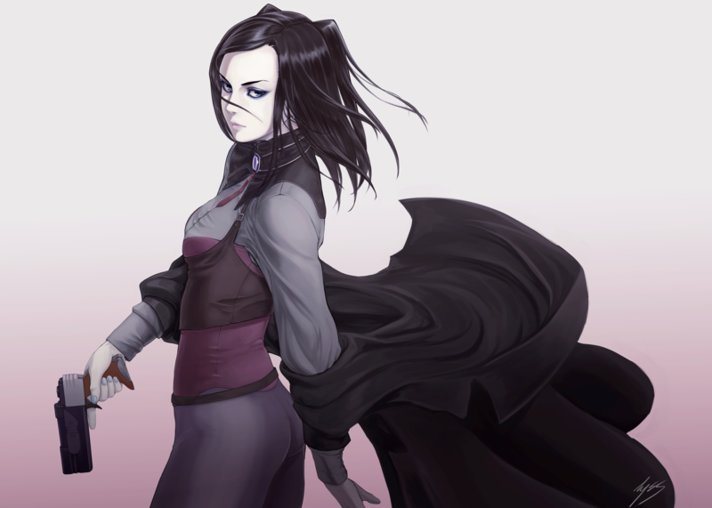 Ergo Proxy, anime girls, thighs, girls with guns, long hair, small boobs, thick thigh, black hair, ass cheeks, glutes, twintails, 2D, Re-l Mayer, corset, looking at viewer, makeup, blue eyeshadow, pale, the gap, smiling, curvy, blue eyes, fan art, anime