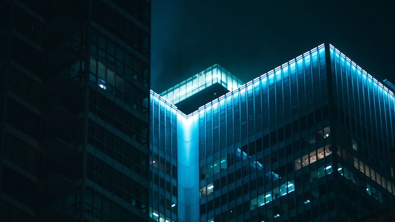 building, roof, backlight, blue, night, dark, 4k