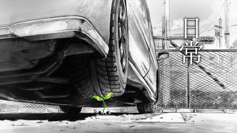 anime, Nichijou, car, vehicle, plants, selective coloring