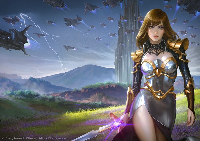 Ina Wong, drawing, women, brunette, science fiction, weapon, sword, armor, fantasy art, makeup, walking, fantasy girl, 2020 (Year)
